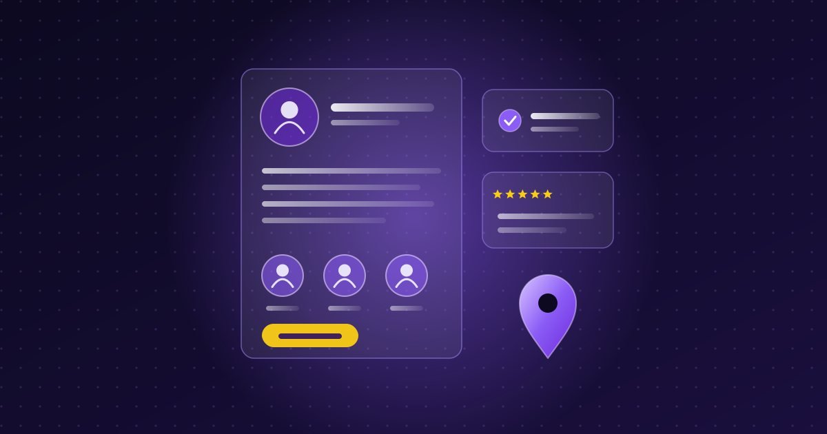 Abstract illustration: page with a profile, story lines, team avatars, a review card and a map pin