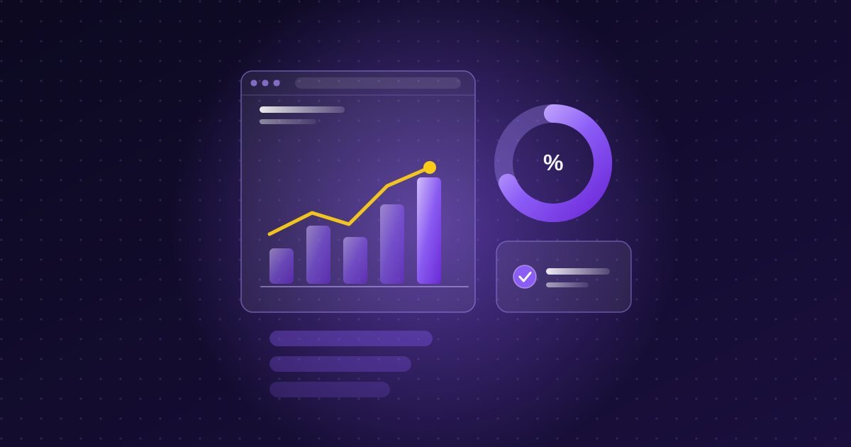 Abstract illustration: dashboard with bar chart, trend line, donut and a key event tile