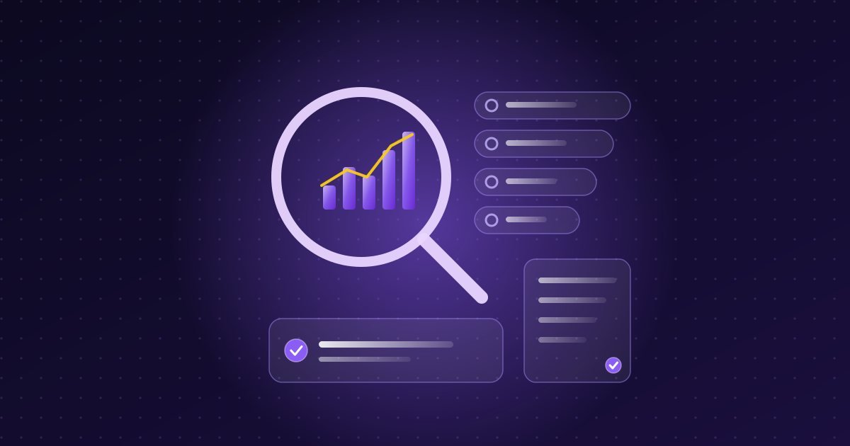 Abstract illustration: magnifying glass over a chart with query rows and a sitemap card