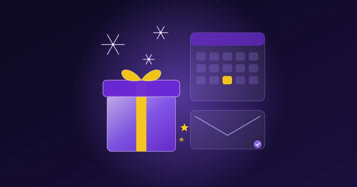Abstract illustration: gift box with snowflakes beside a calendar and an email card