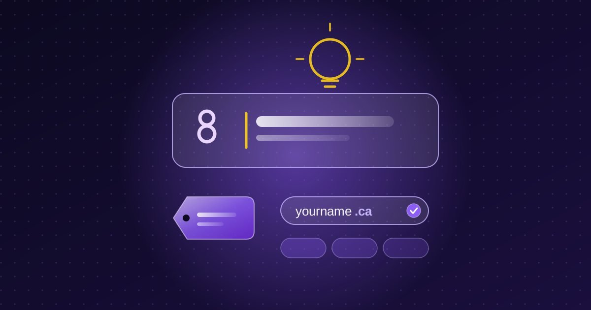 Abstract illustration: name plate with a text cursor, a name tag, a light bulb and a domain chip