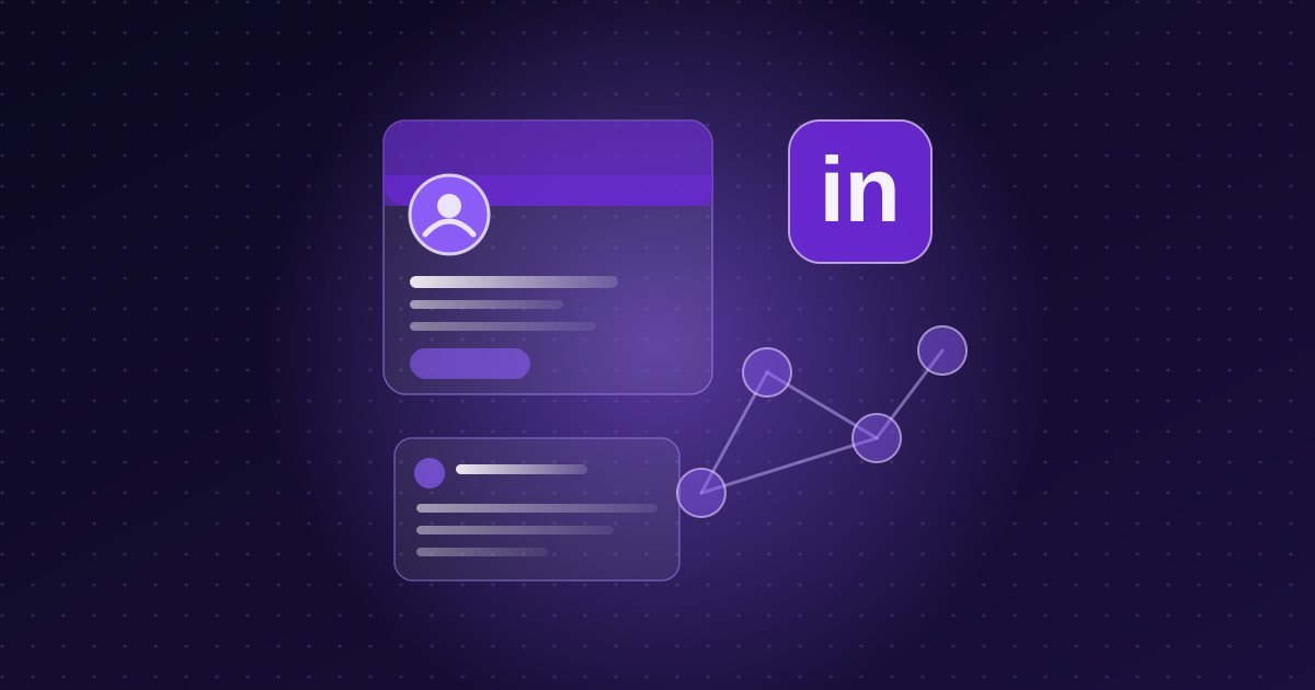 Abstract illustration: profile card, network nodes and a post beside an in tile