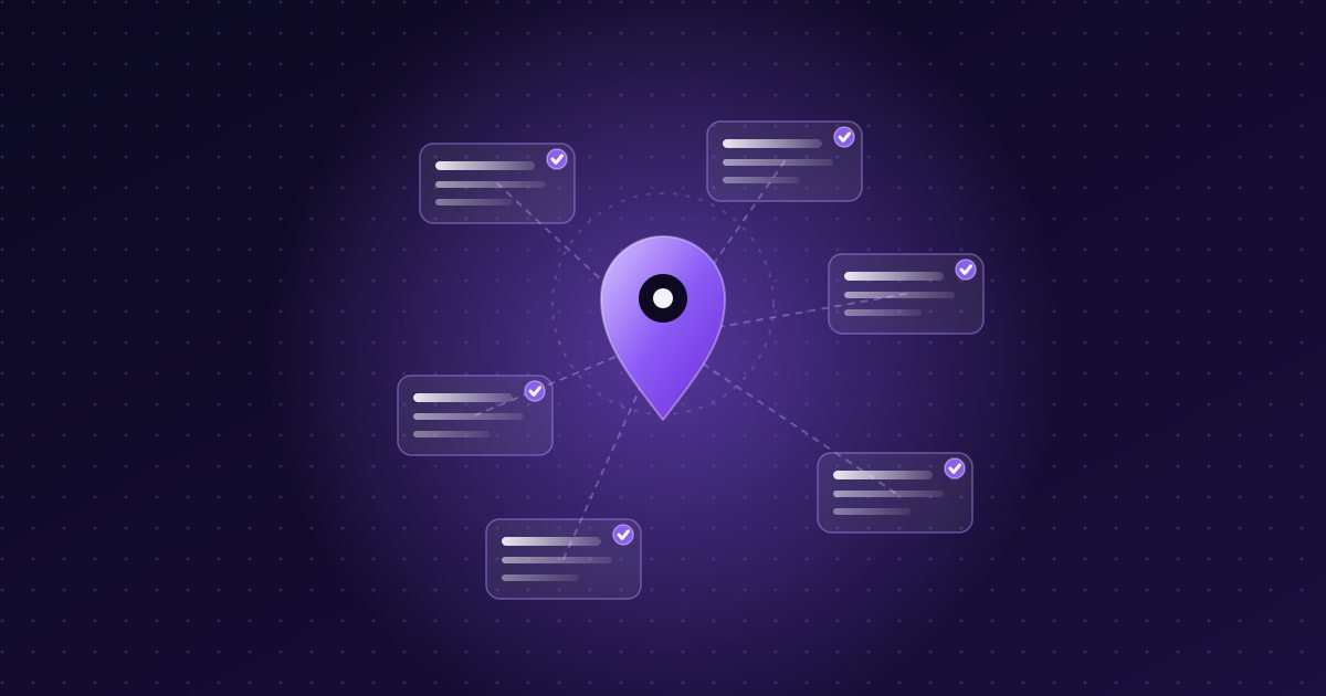 Abstract illustration: map pin linked to matching business listing cards with ticks