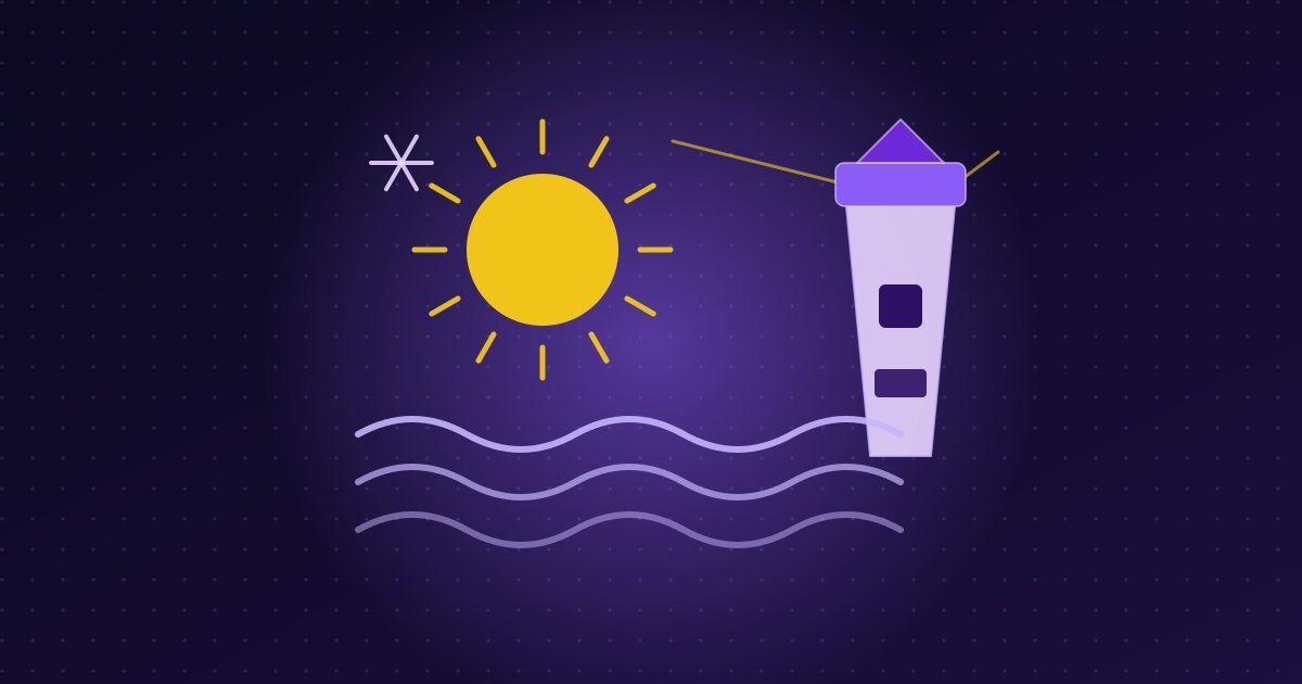 Abstract illustration: sun, snowflake, waves and a lighthouse