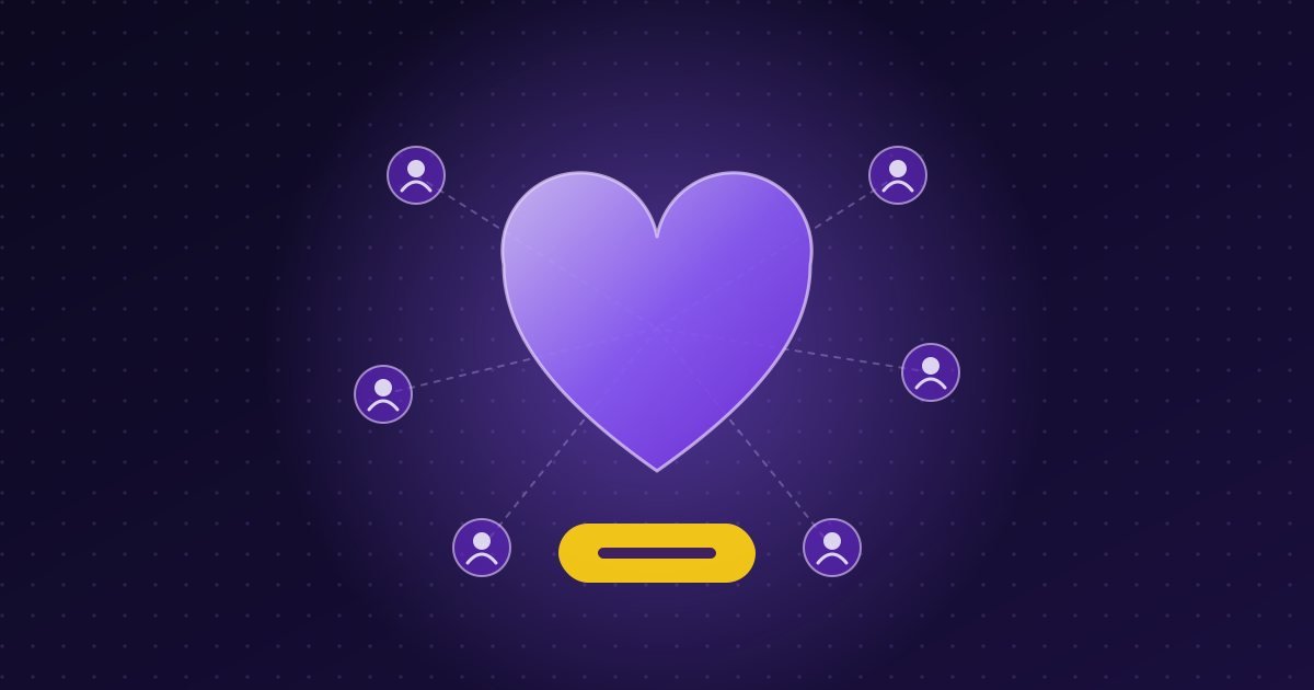 Abstract illustration: heart connected to community figures with a donate button