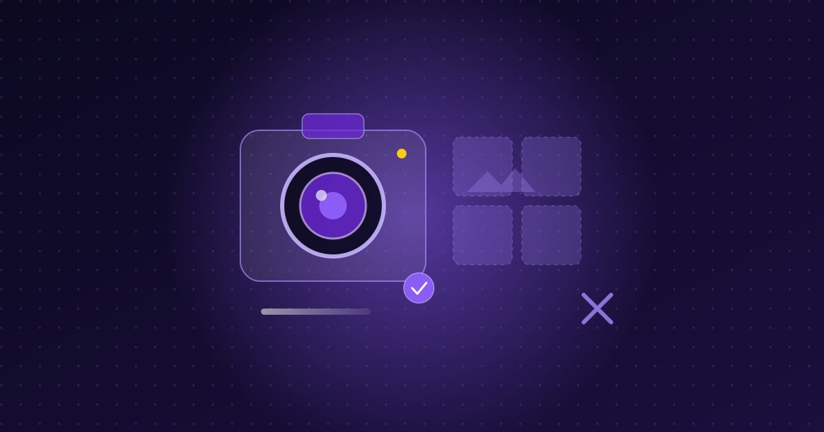 Abstract illustration: camera lens beside placeholder image frames