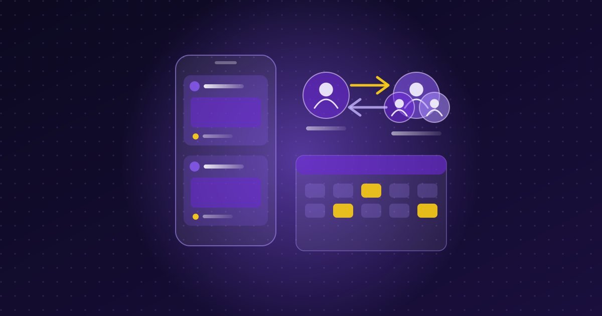 Abstract illustration: phone feed, a handoff between one person and a team, and a content calendar