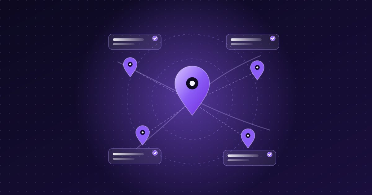 Abstract illustration: central map pin with coverage rings, smaller pins and location cards