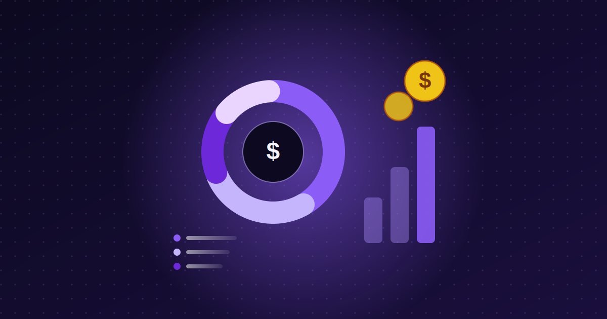 Abstract illustration: donut chart, coins and growing bars