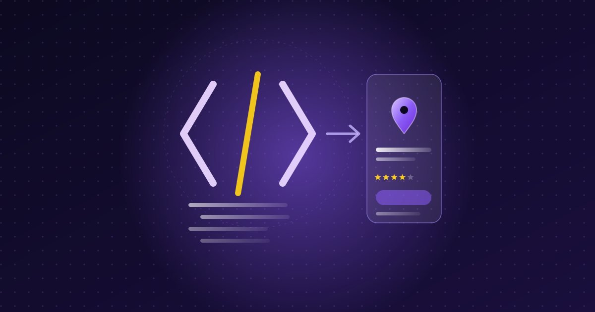 Abstract illustration: code brackets pointing to a business listing card with a map pin