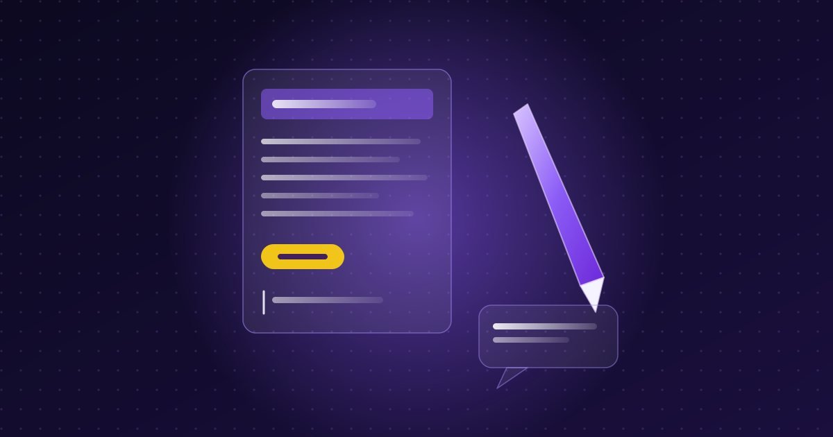 Abstract illustration: page with a headline, text lines and a button beside a pen and speech bubble