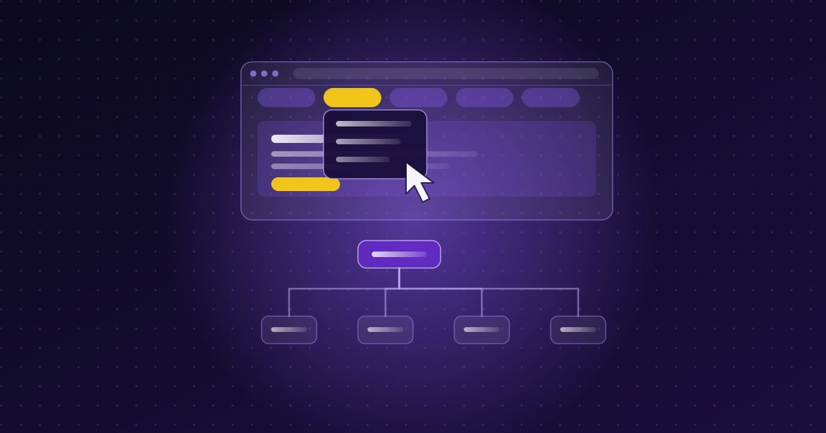 Abstract illustration: browser with a menu bar and dropdown above a site map tree