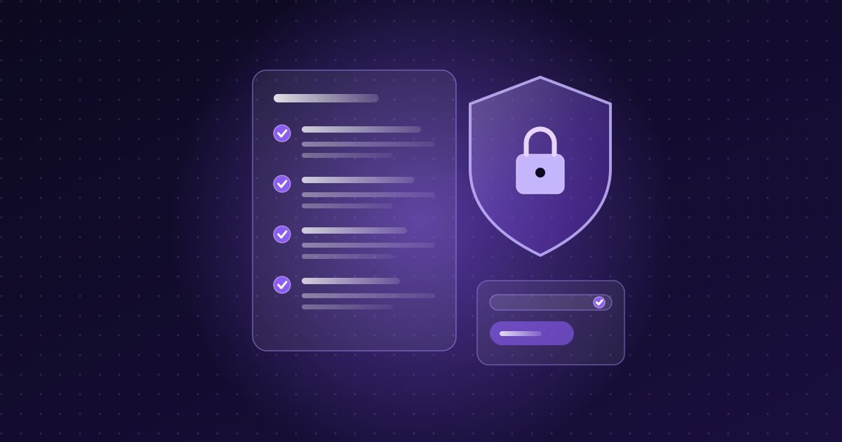 Abstract illustration: policy document with ticks beside a shield, padlock and form