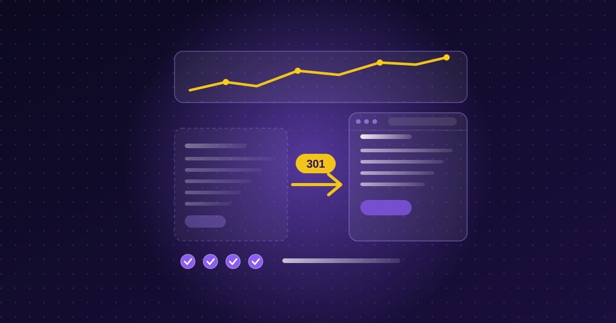 Abstract illustration: old page connected by a 301 redirect arrow to a new page beneath a rising trend line