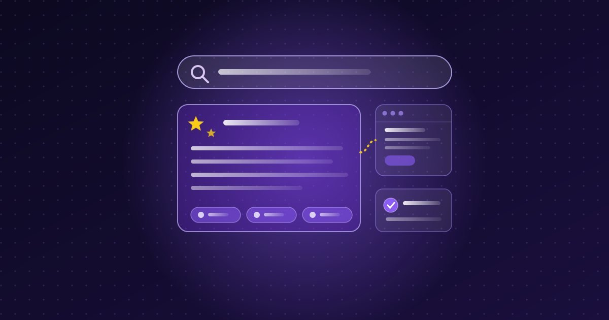 Abstract illustration: search bar and an answer card with sparkles linked to a source page